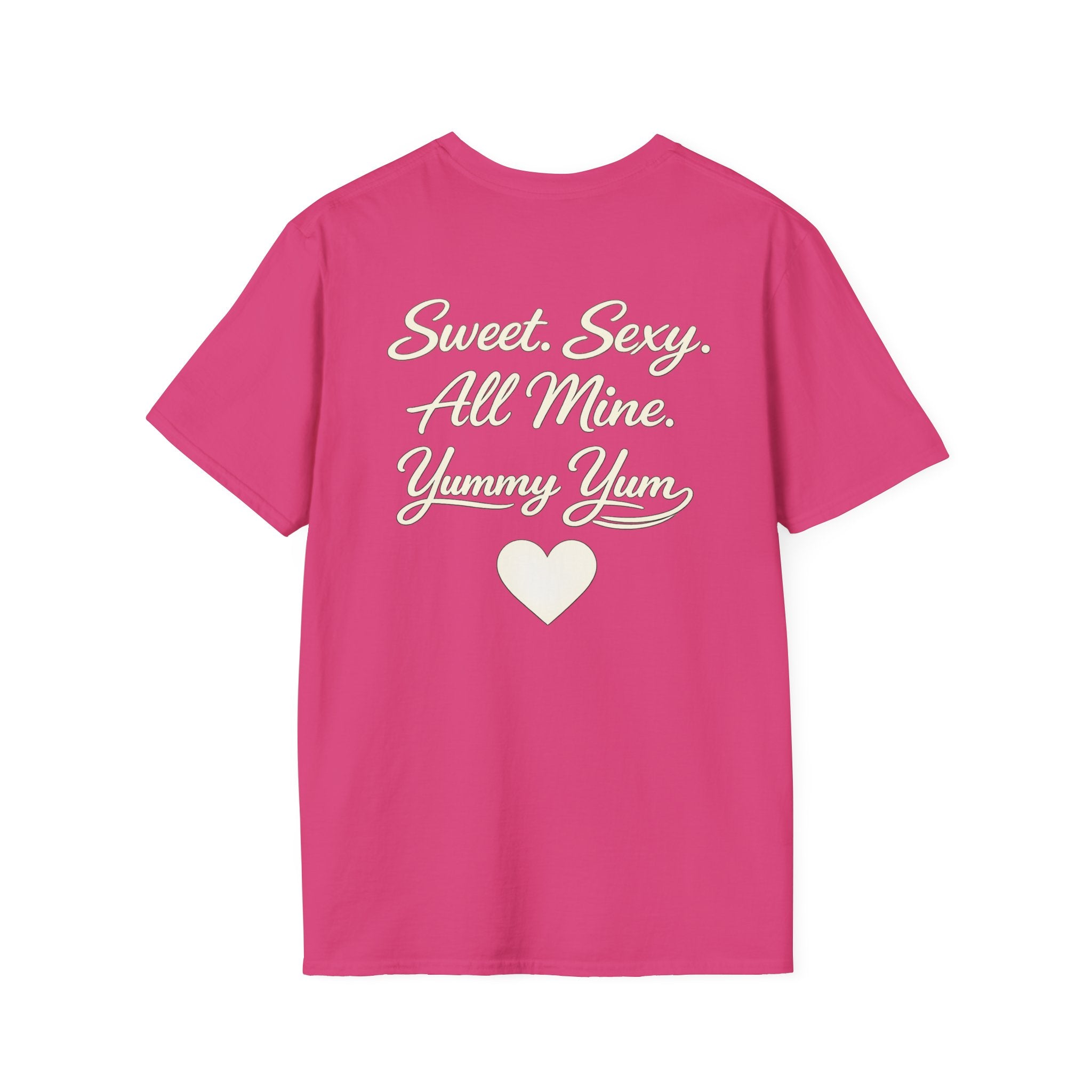 Valentines Day Yummy Yum script logo T Shirt Valentines cherry red, subtle back heart text