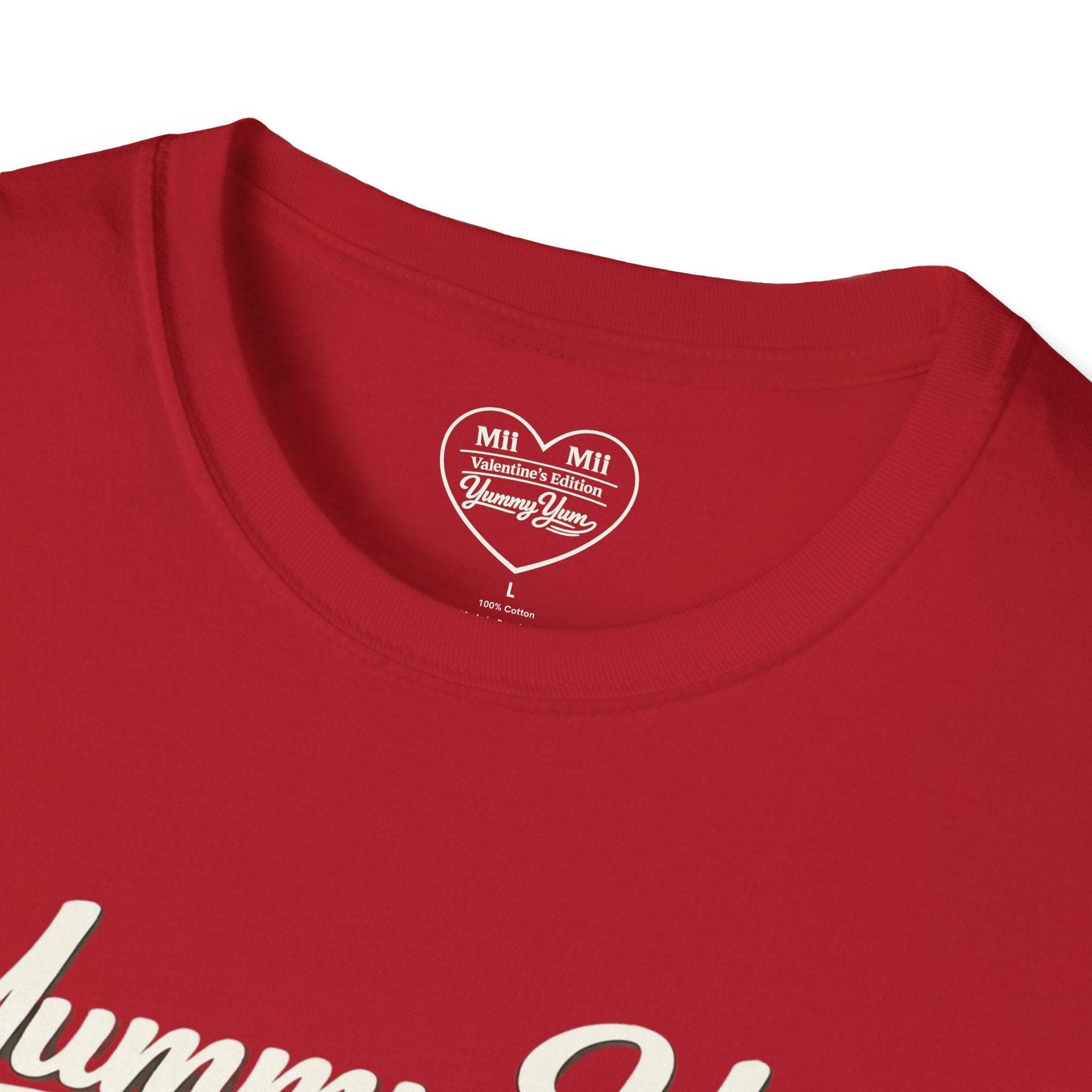 Valentines Day Yummy Yum script logo T Shirt Valentines cherry red, subtle back heart text
