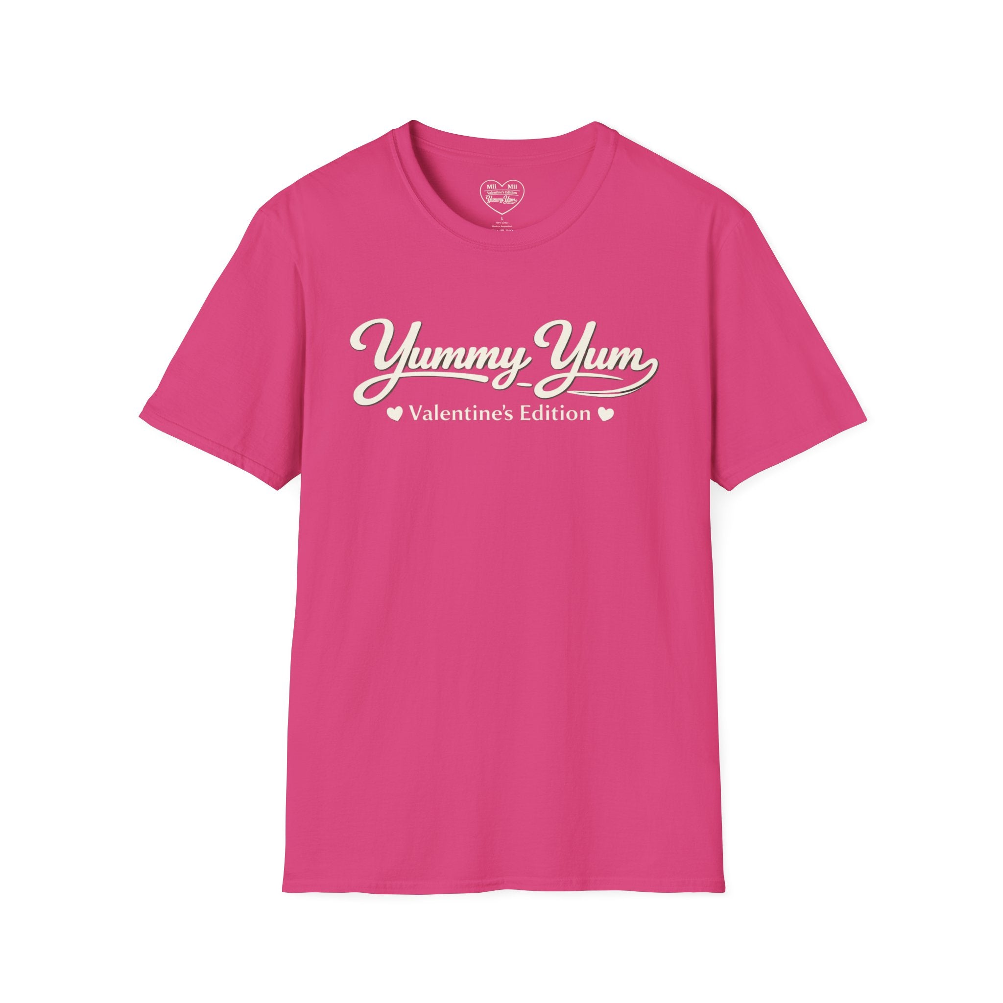 Valentines Day Yummy Yum script logo T Shirt Valentines cherry red, subtle back heart text