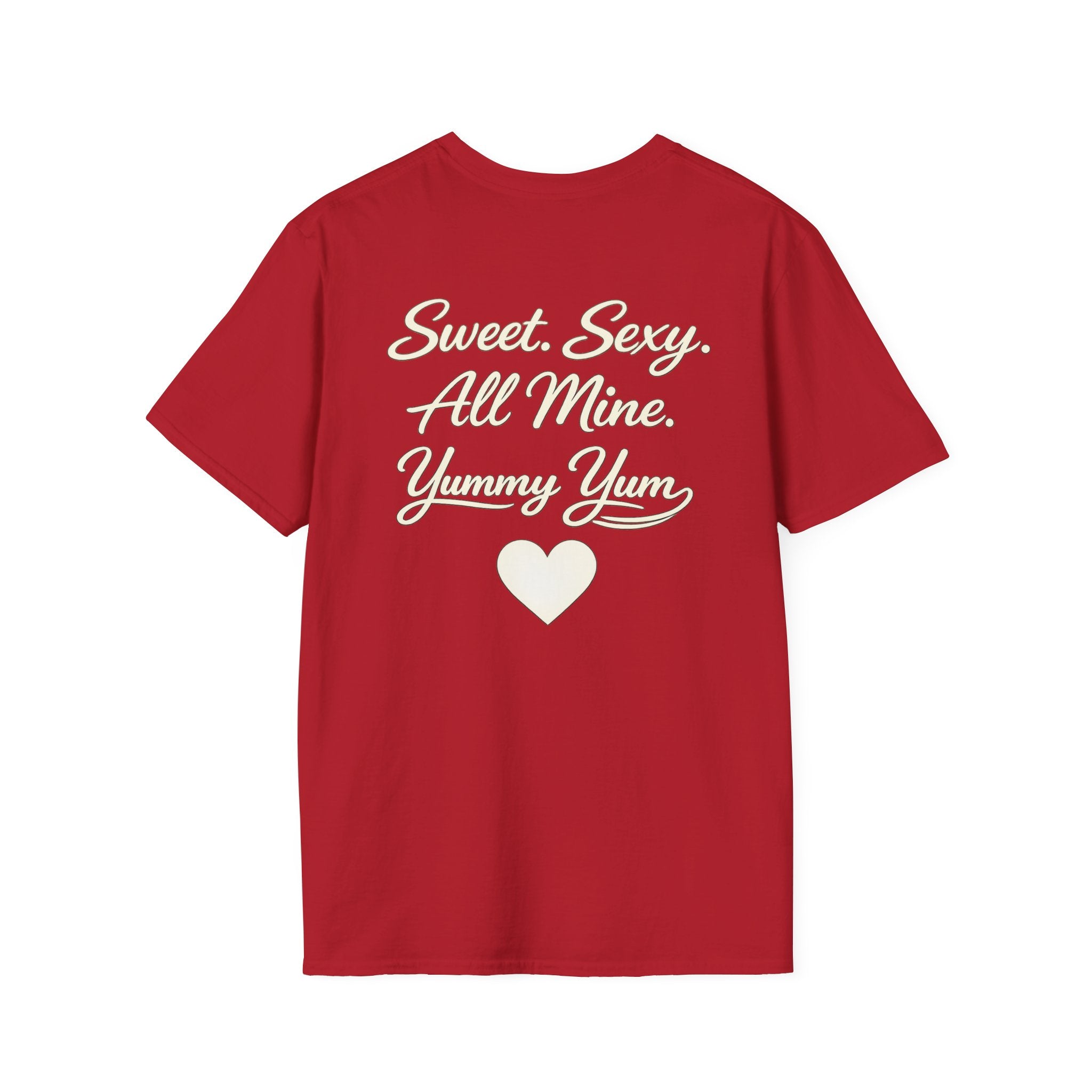 Valentines Day Yummy Yum script logo T Shirt Valentines cherry red, subtle back heart text